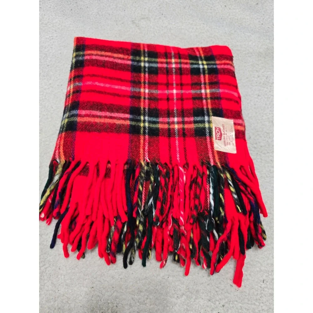 Vintage Troy Leisure Blanket Red Plaid Tartan Fringe Throw Made in USA 51x60